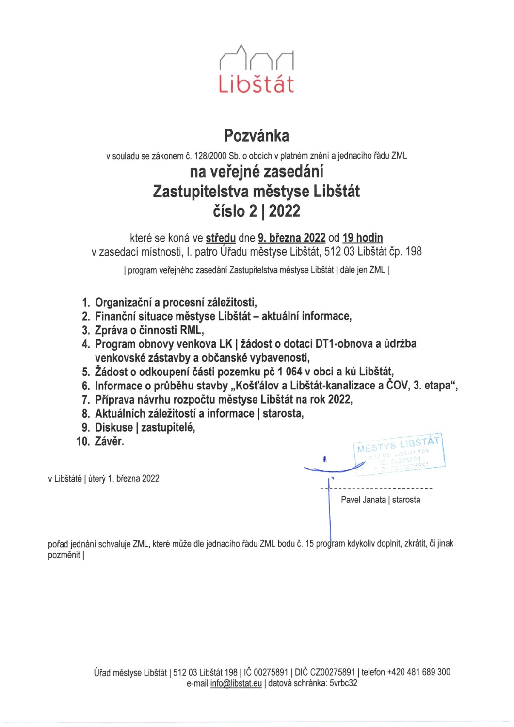 Pozvánka na veřejné zasedání zastupitelstva městyse Libštát č 2/2022