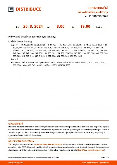 Libštát ČEZ S OMLUVOU PLÁNOVANOU ODSTÁVKU ZRUŠIL | ČEZ DISTRIBUCE, A.S. | OZNÁMENÍ O PŘERUŠENÍ DODÁVKY ELEKTRICKÉ ENERGIE V ČÁSTI MĚSTYSE LIBŠTÁT | ÚTERÝ 20. SRPNA 2024 OD 8 DO 19 HODIN-1881